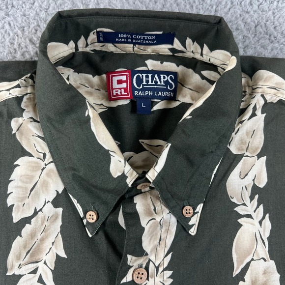 Chaps Ralph Lauren Button Down Shirt Men's L Green Cream Leaf Safari NWT - Picture 3 of 10